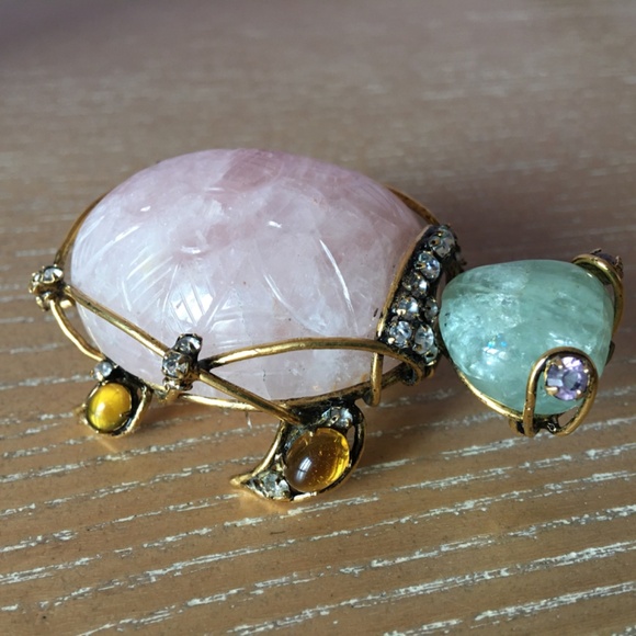 IRADJ MOINI Vintage Costume Jewelry Large Turtle Gemstone Brooch Pin Pink Quartz - Picture 9 of 11